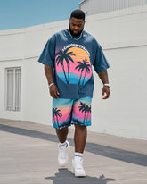 Big Boy Street Fashion Dusk Coconut Tree Print Short Sleeve T-Shirt Shorts Suit